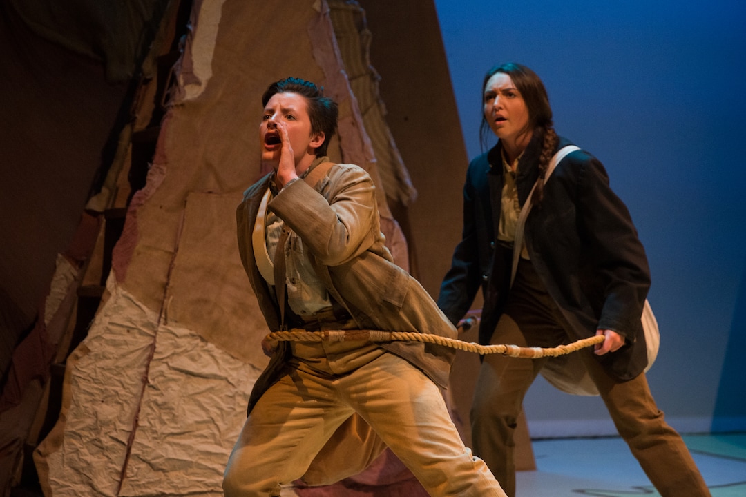 (Todd Collins | Courtesy of the University of Utah Department of Theatre) Left to right: Ireland Nichols as Bradley and Kalla Nielsen as Old Shady in the University of Utah Department of Theatre’s production of “Men on Boats.” The play by Jacklyn Backhaus tells the story of John Wesley Powell’s 1869 expedition to chart  the Green and Colorado Rivers through what would become Utah and other states.