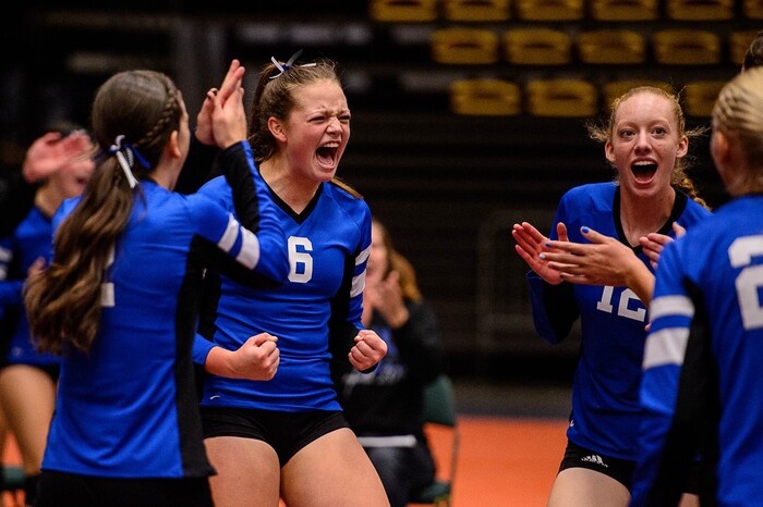 (Trent Nelson | The Salt Lake Tribune) Panguitch's Kiesa Miller celebrates a point as Panguitch defeats Rich in the 1A State Volleyball Championship game in Orem, Saturday October 28, 2017.