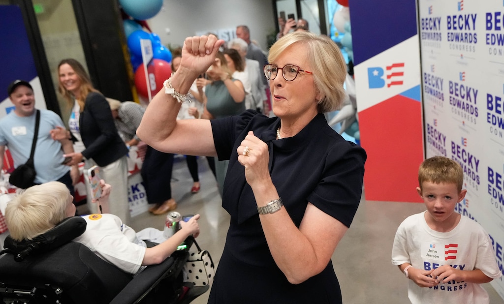 (Francisco Kjolseth | The Salt Lake Tribune) Becky Edwards arrives to her watch party for Utah’s 2nd Congressional District GOP primary in Salt Lake City on Tuesday, Sept. 5, 2023.
