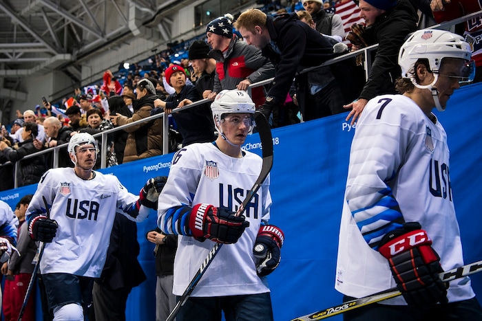 (Chris Detrick  |  The Salt Lake Tribune)  United States forward John McCarthy (7) United States forward Ryan Donato (16) and United States forward Ryan Stoa (94) walk off of the ice after the United States vs Olympic Athletes from Russia hockey game at Gangneung Hockey Centre during the Pyeongchang 2018 Winter Olympics Saturday, Feb. 17, 2018. Olympic Athletes from Russia defeated United States 4-0.