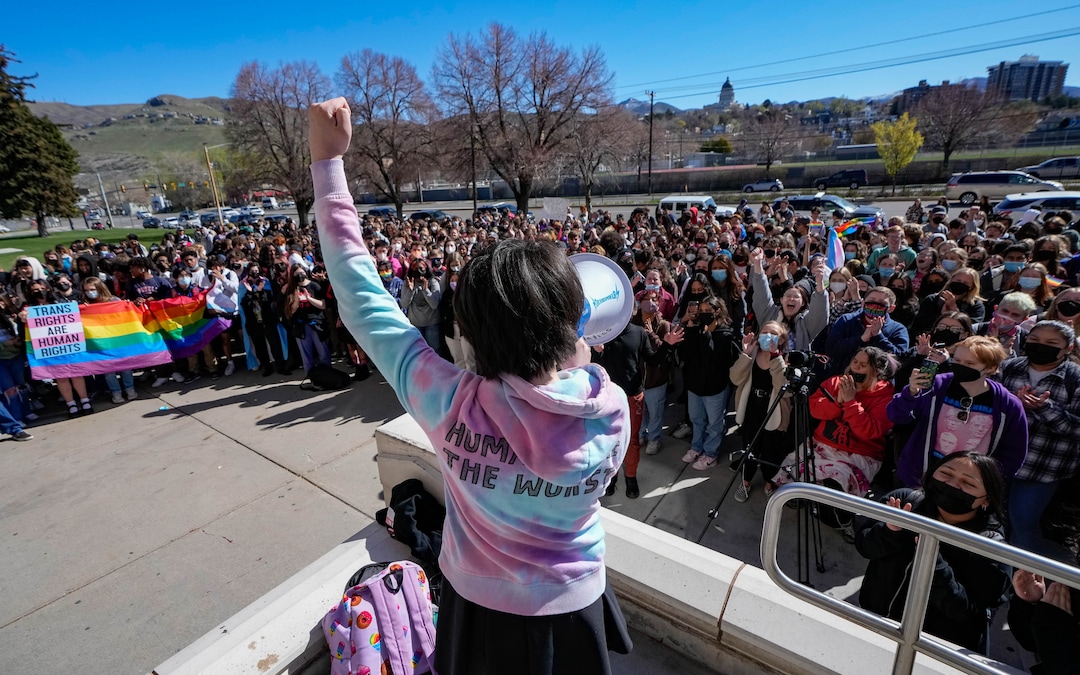 (Francisco Kjolseth | The Salt Lake Tribune) Rowan Stewart, 14, takes a turn to address fellow students at West High School during a staged a walkout on Wednesday, April 6, 2022 to protest HB11, which bans transgender girls from participating in female school sports.