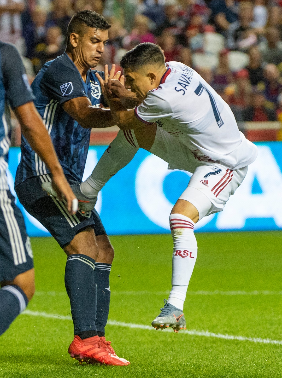 (Rick Egan  |  The Salt Lake Tribune)       Real Salt Lake forward Jefferson Savarino (7) collides with Los Angeles Galaxy defender Diego Polenta (3), in MLS soccer action between Real Salt Lake and Los Angeles Galaxy at Rio Tinto Stadium, Wednesday, Sept. 25, 2019.