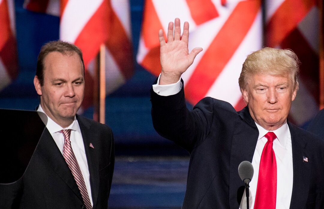 UNITED STATES - OCTOBER 30: FILE PHOTO Rick Gates looks on as GOP Presidential candidate Donald Trump checks the podium early Thursday afternoon in preparation for accepting the GOP nomination to be President at the 2016 Republican National Convention in Cleveland, Ohio on Wednesday July 20, 2016. (Photo By Bill Clark/CQ Roll Call) (CQ Roll Call via AP Images)