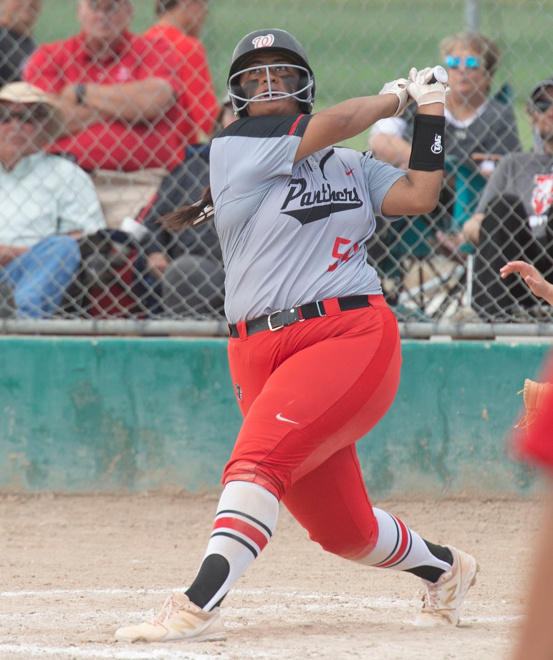 (Rick Egan  |  The Salt Lake Tribune)     West high slugger Huntyr Ava hits a home run for the Panthers, in the first to two games against the Bountiful Braves, in the 5A state championship game in Taylorsville, Thursday May 30, 2019