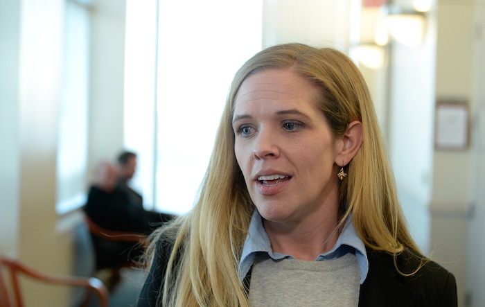 (Francisco Kjolseth  |  The Salt Lake Tribune)  Bethany Warr, attorney for the victim in the case involving former Brighton High and University of Southern California linebacker Osa Masina, speaks following the sentencing hearing for sexual battery of Masina at the Matheson Courthouse in Salt Lake City on Tuesday, Dec. 5, 2017. Masina was sentenced to 365 days in jail, followed by two years on probation.