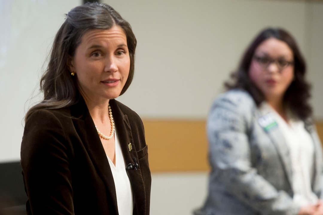 (Jeremy Harmon  |  The Salt Lake Tribune) Salt Lake mayoral candidate Erin Mendenhall makes a point during a debate with Luz Escamilla on Monday, Oct. 14, 2019.