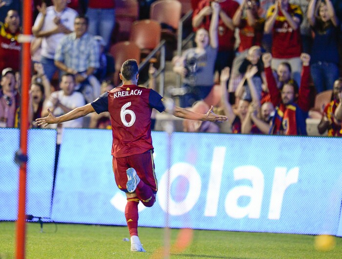 (Francisco Kjolseth  |  The Salt Lake Tribune)  Real Salt Lake midfielder Damir Kreilach (6) celebrates his first goal during the first half of the MLS soccer match Saturday, Sept. 1, 2018, in Sandy at Rio Tinto Stadium.