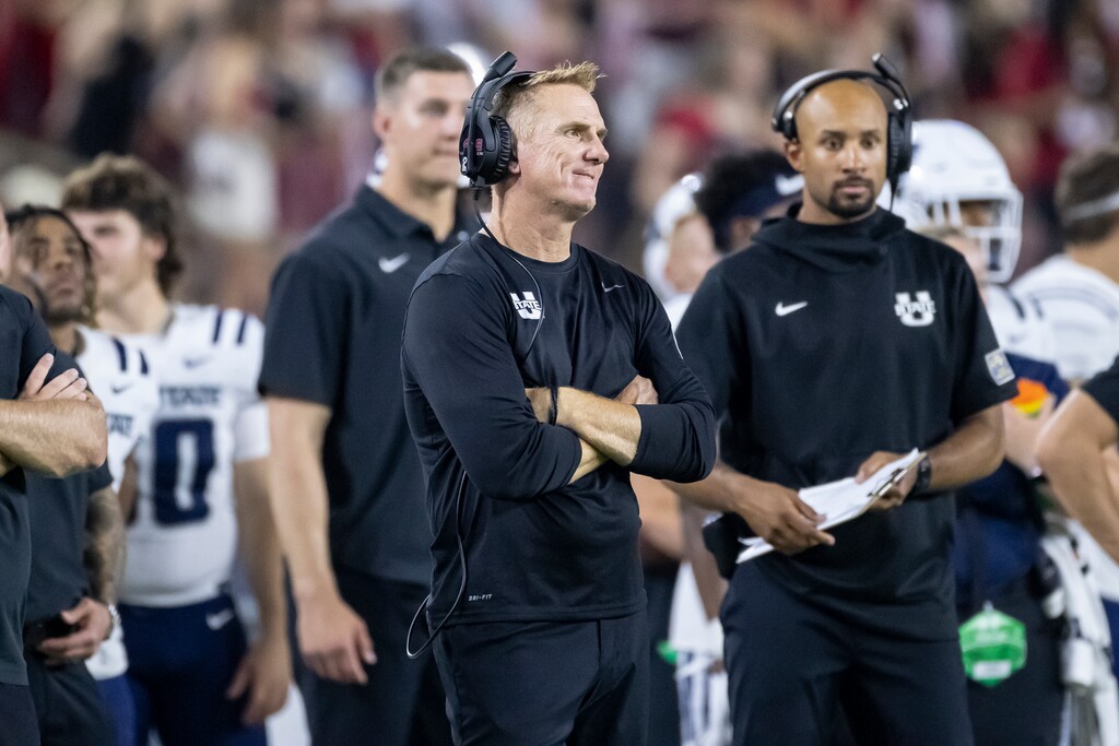 (Vasha Hunt | AP) Utah State coach Blake Anderson reacts as Alabama pulls ahead during the first half of an NCAA college football game Saturday, Sept. 3, 2022, in Tuscaloosa, Ala.