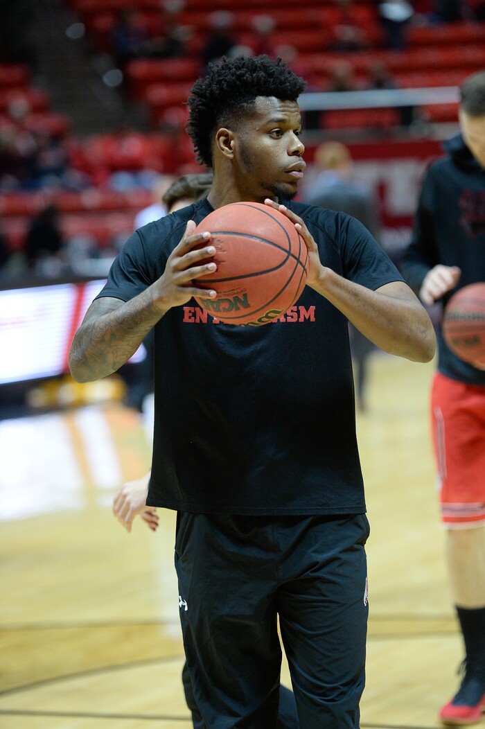 (Francisco Kjolseth  |  The Salt Lake Tribune)  Utes redshirt freshman Devante Doutrive practices with the rest of the team during their game against UCLA at the Huntsman Center on Thursday, Feb. 22, 2018. Doutrive, who is sitting out this season, is expected to have the biggest impact of any addition to next year's team. He has been allowed to practice this season but sits out of the games.