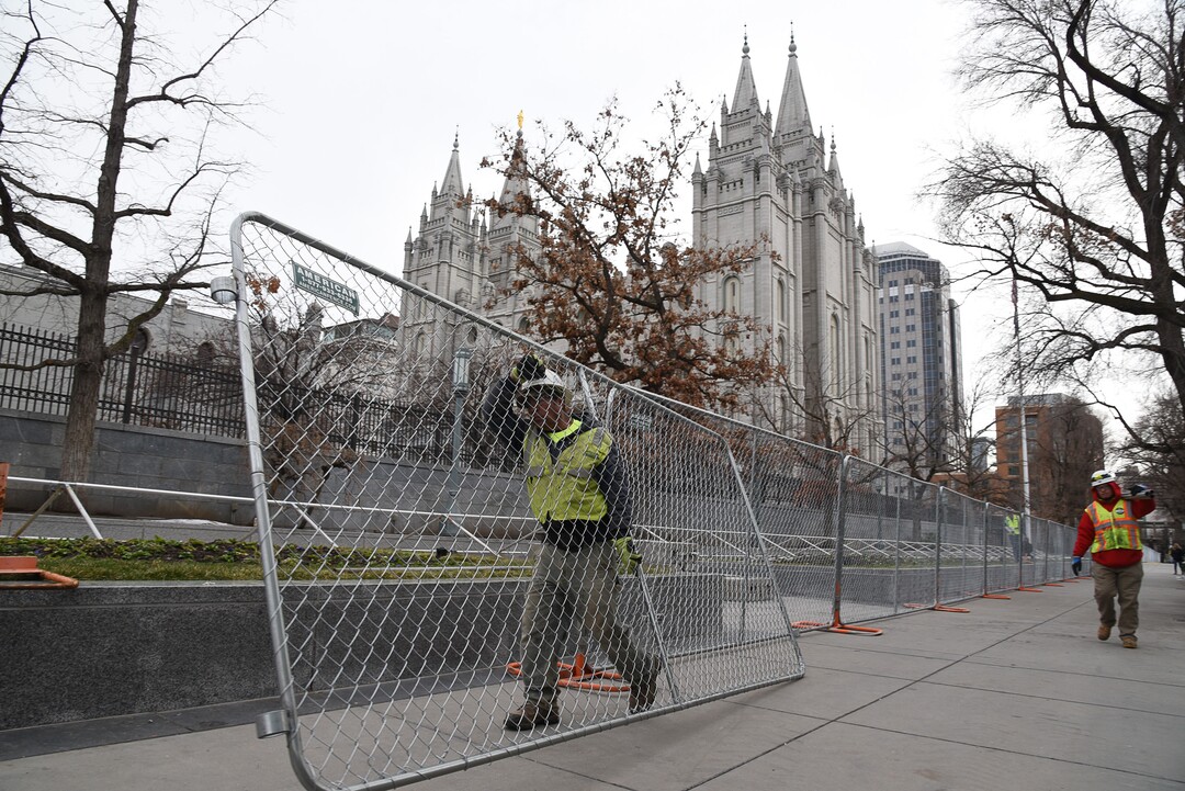 (Francisco Kjolseth  |  The Salt Lake Tribune)  Crews begin to prepare the grounds for the 4-year renovation of the Salt Lake Temple and Temple Square on Thursday, Jan. 2, 2020.