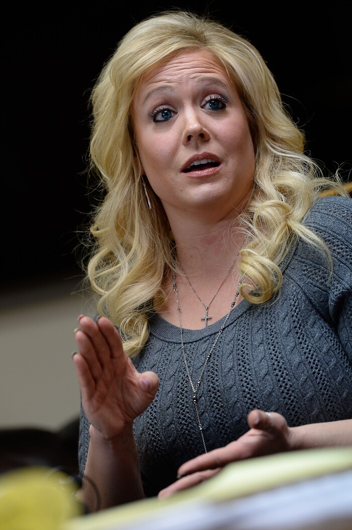 (Francisco Kjolseth | The Salt Lake Tribune) Heather Leyva, a single mother of three, describes the unwanted sexually charged messages she received from Utah trooper Sgt. Blaine Robbins. Leyva was joined by attorney Robert Sykes, as they discussed the sexual harassment lawsuit he is filing on her behalf against the trooper during a press conference at his law offices in Salt Lake City Wed. Feb. 7, 2018.