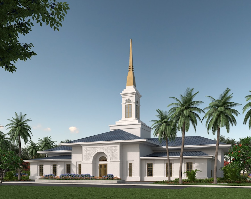(The Church of Jesus Christ of Latter-day Saints)
Rendering of The Church of Jesus Christ of Latter-day Saints' Neiafu Temple, which is being built in Tonga. The one-story, single-spired, 17,000-square-foot edifice will join the Nuku'alofa Temple in serving Tonga’s more than 66,000 Latter-day Saints, who make up 62% of the nation's population. Tonga reported its first-ever case of the coronavirus on Friday, Oct. 29, 2021, after a returning Latter-day Saint missionary tested positive for COVID-19.