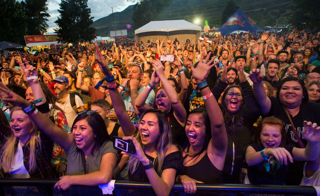(Rick Egan  |  The Salt Lake Tribune)     Fans cheer as the band Hirie takes the stage at the Reggae Rise Up Festival at the Rivers Edge in Heber City, Friday, Aug. 24, 2018.