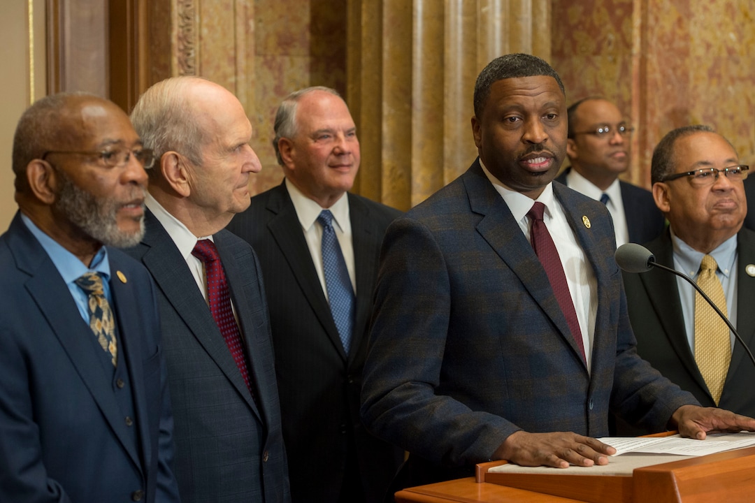 (Jeremy Harmon  |  The Salt Lake Tribune) Derrick Johnson, President and CEO of the NAACP, speaks during an event on May 17, 2018, where LDS and NAACP leaders emphasize a need for greater civility and call for an end to prejudice. President Russell M. Nelson is at the left.