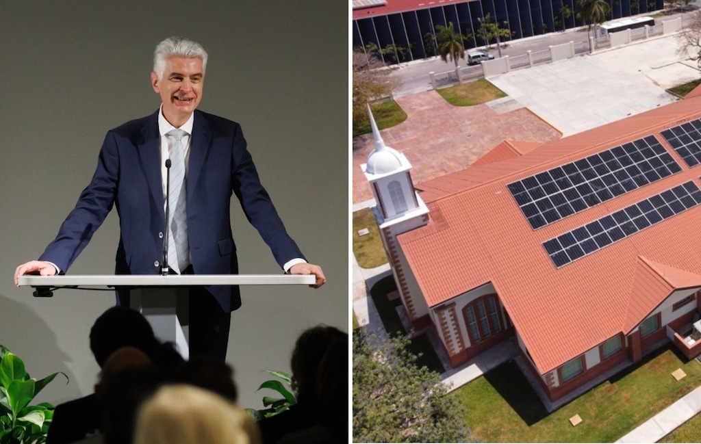 (The Church of Jesus Christ of Latter-day Saints) Apostle Gérald Caussé, left, speaks about caring for God’s creations from the campus of Brigham Young University in Provo on Friday, Nov. 14, 2025. At right is a Latter-day Saint meetinghouse with solar panels in Playa del Carmen, Mexico.