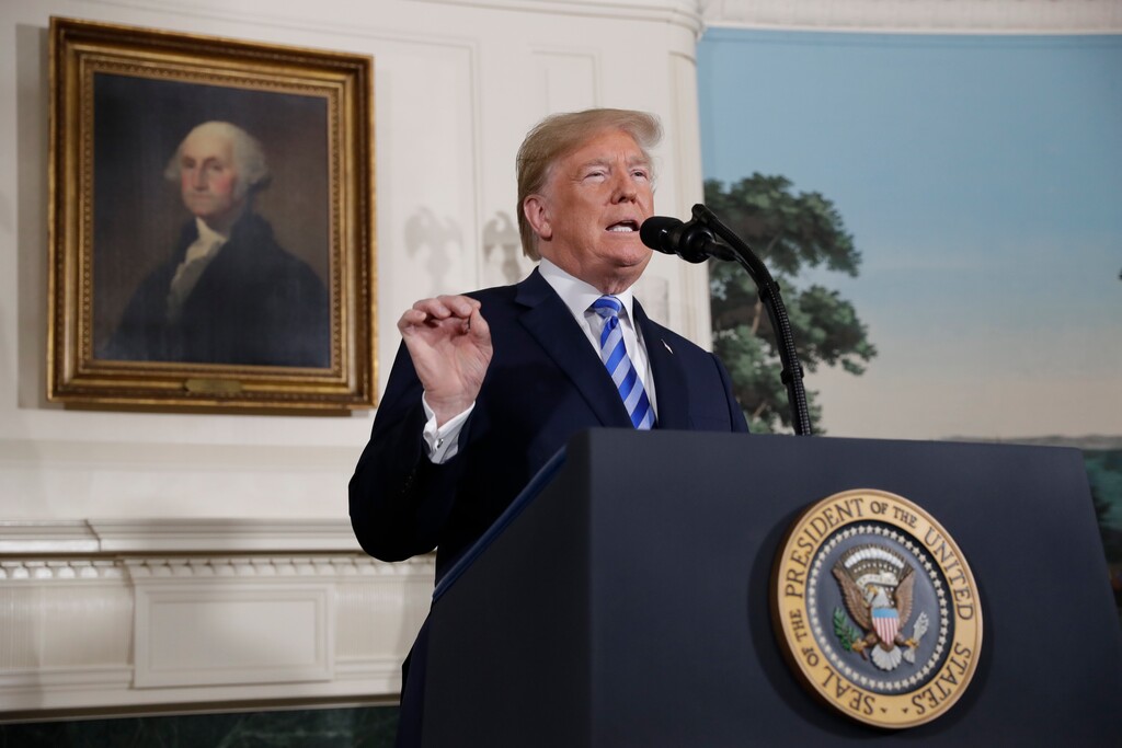 President Donald Trump delivers a statement on the Iran nuclear deal from the Diplomatic Reception Room of the White House, Tuesday, May 8, 2018, in Washington. (AP Photo/Evan Vucci)