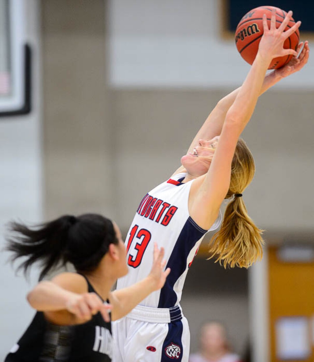 (Trent Nelson | The Salt Lake Tribune)  Woods Cross's Sara Noel (13) steals a pass as Woods Cross faces Highland in the 5A High School Girls' Basketball Tournament at SLCC in Taylorsville, Wednesday Feb. 21, 2018.