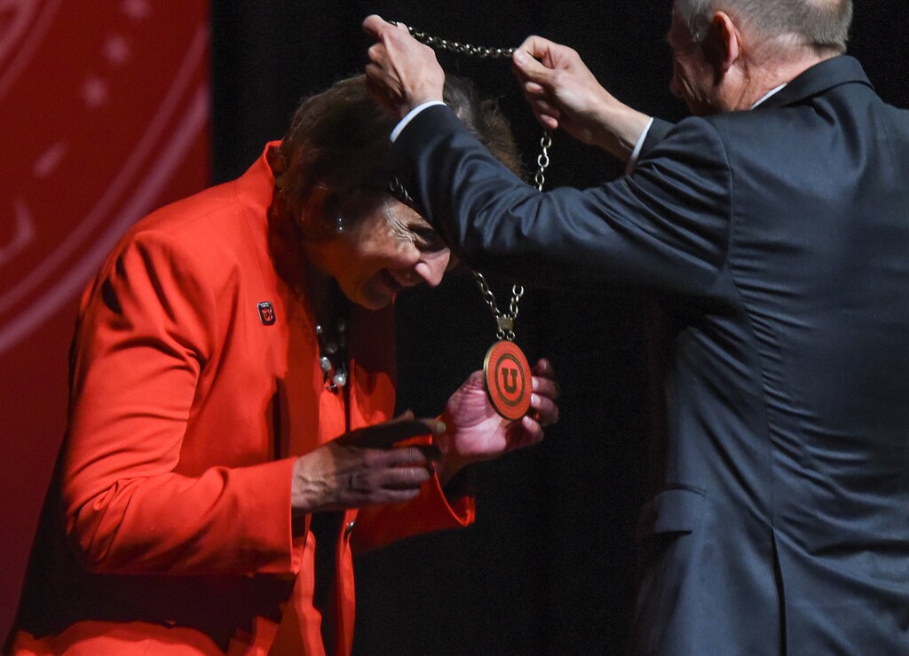 (Francisco Kjolseth | Tribune file photo) Harris Simmons, chairman of the Utah Board of Regents, presents the University of Utah presidential medallion to U. President Ruth Watkins during her inauguration ceremony at Kingsbury Hall on Friday, Sept. 21, 2018. Watkins announced in January that she will be leaving the U. near the end of the coming spring term and the national search for a new president has been announced. A bill in the Utah Legislature would make that process more secretive.