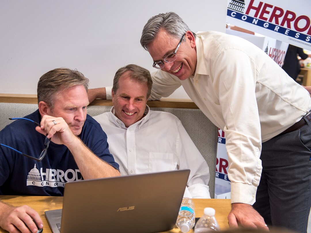 (Leah Hogsten  |  The Salt Lake Tribune) Former state Rep. Chris Herrod (center) sits between his campaign managers Craig Frank, left, and Ken Sumsion, right, as the three watch the polls Tuesday, August 15, 2017 on election night. Registered Republican voters in the 3rd Congressional District will decide whether Provo Mayor John Curtis, former state Rep. Chris Herrod or businessman Tanner Ainge moves forward to the general election. The winner takes on Democrat Kathie Allen and the United Utah PartyÕs Jim Bennett, as well as a handful of independent and third-party candidates, on Nov. 7.