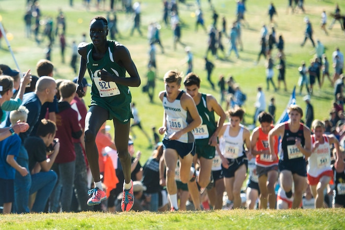 (Chris Detrick  |  The Salt Lake Tribune)  Olympus senior Jima Rout (927) competes during the 5A boy's state cross-country meet at Sugar House Park and Highland High School Wednesday, October 18, 2017. 