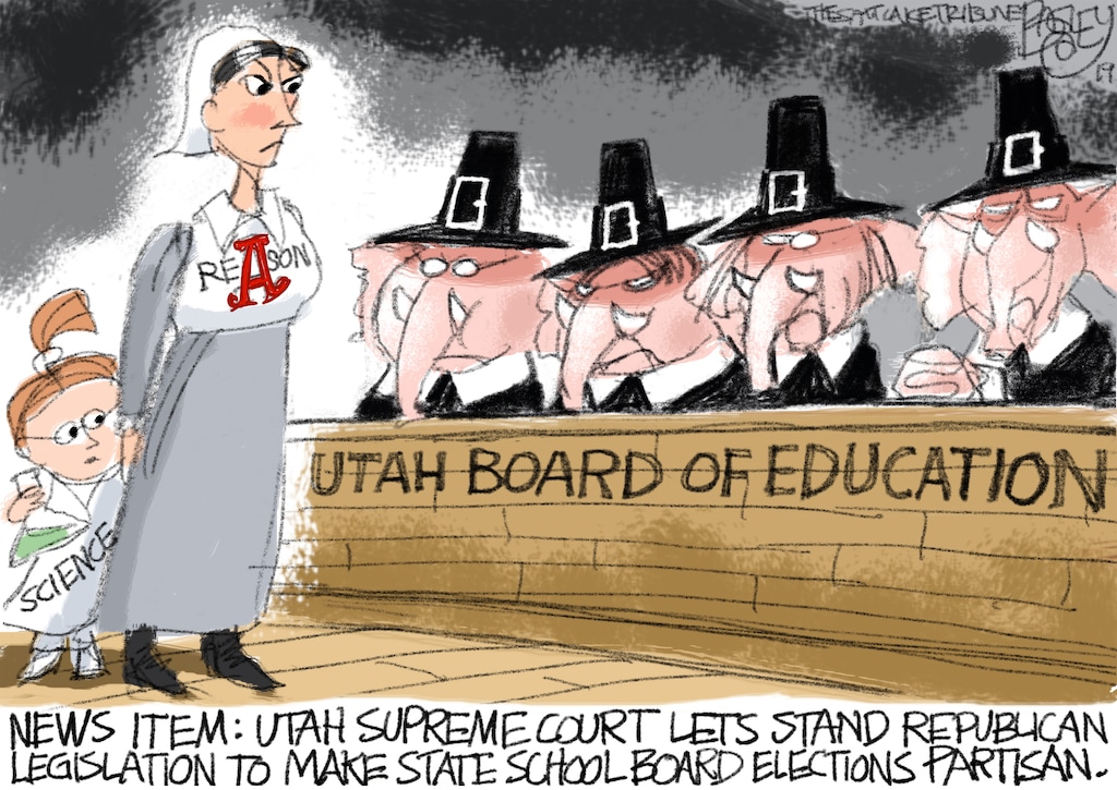 (Pat Bagley | The Salt Lake Tribune) This cartoon, titled "Pilgrim's Regress," appears in The Salt Lake Tribune on Friday, Sept. 13, 2019.