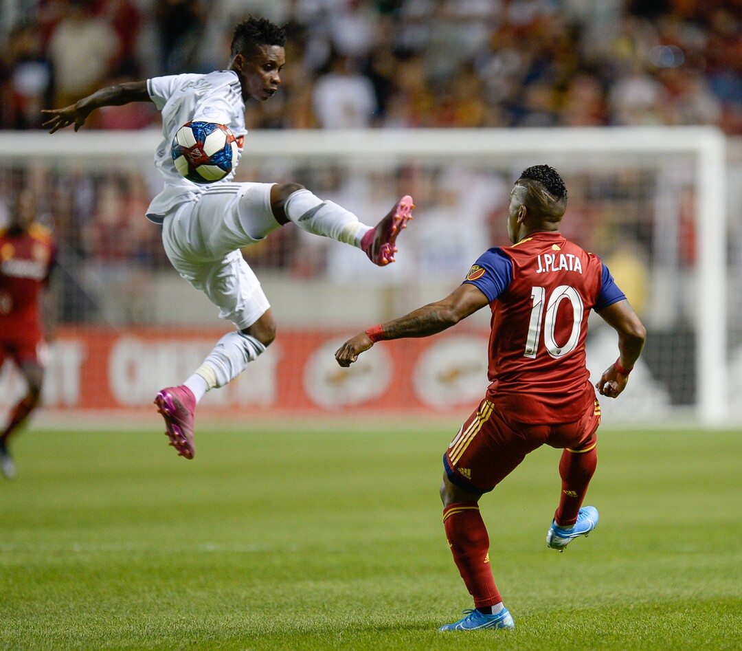 (Francisco Kjolseth  |  The Salt Lake Tribune)  Los Angeles FC forward Latif Blessing (7) tries to control a ball ahead of Real Salt Lake forward Joao Plata (10) as Real Salt Lake hosts Los Angeles FC at Rio Tinto Stadium in Sandy on Saturday, Aug. 17, 2019.