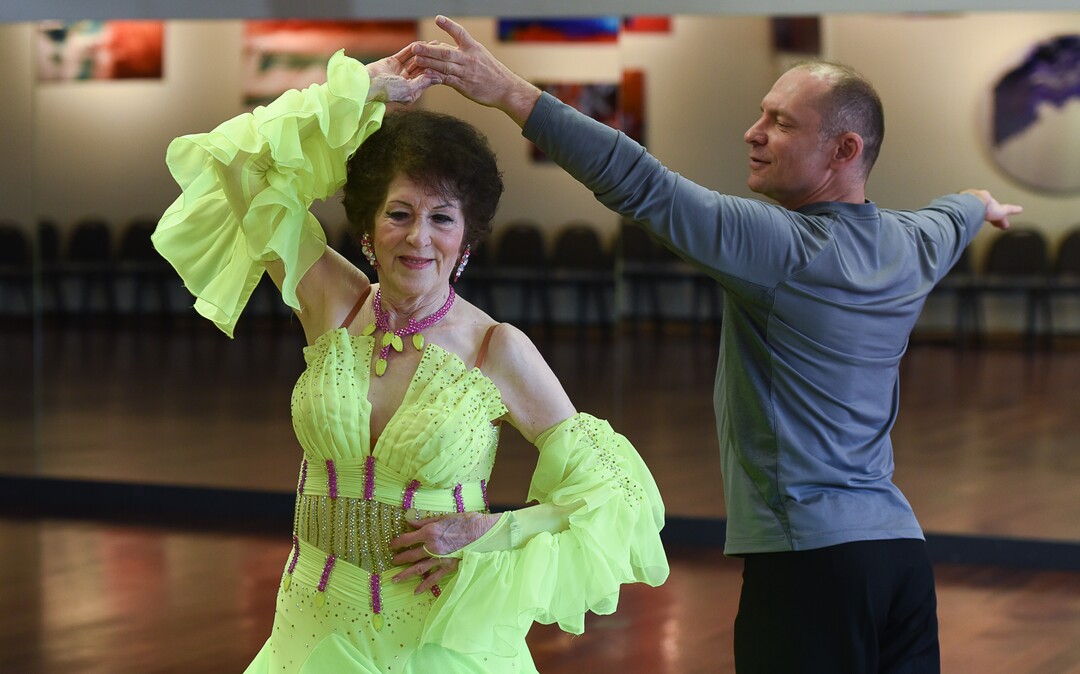 (Francisco Kjolseth  |  The Salt Lake Tribune)  Jean Woodruff, a 92-year-old who loves ballroom dancing and loves competitions, prepares for an upcoming competition with Martin Skupinski, founder of Ballroom Utah Dance Studio. Jean danced for years with her husband, and the couple taught lessons in a dance studio in their Holladay home. She stopped dancing after he had a stroke, and then died. Several years ago, she started dancing again, and now competes regularly.