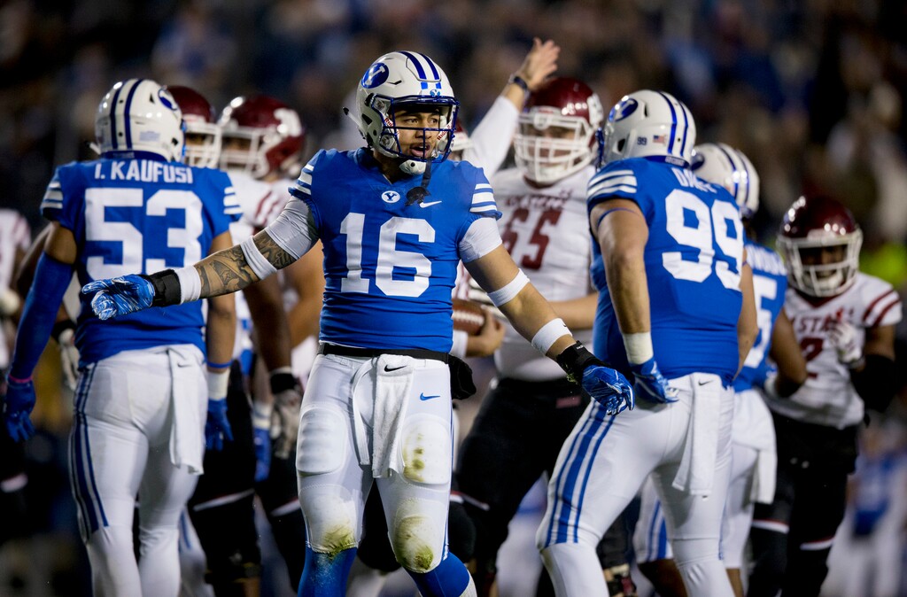 (Isaac Hale/Daily Herald via AP) BYU linebacker Sione Takitaki (16) will participate in the NFL Scouting Combine this week and has exhausted his college eligibility, but the Cougars' defense should be good again in 2019 with several other key components returning, including linebackers Zayne Anderson and Isaiah Kaufusi (53) .
