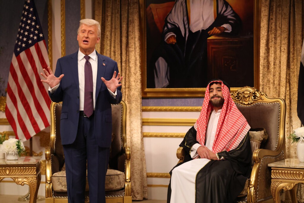 (Will Heath  |  NBC) James Austin Johnson, left, as Donald Trump and Emil Wakim as Crown Prince Mohammed bin Salman during the "cold open" of the May 17, 2025, episode of "Saturday Night Live."