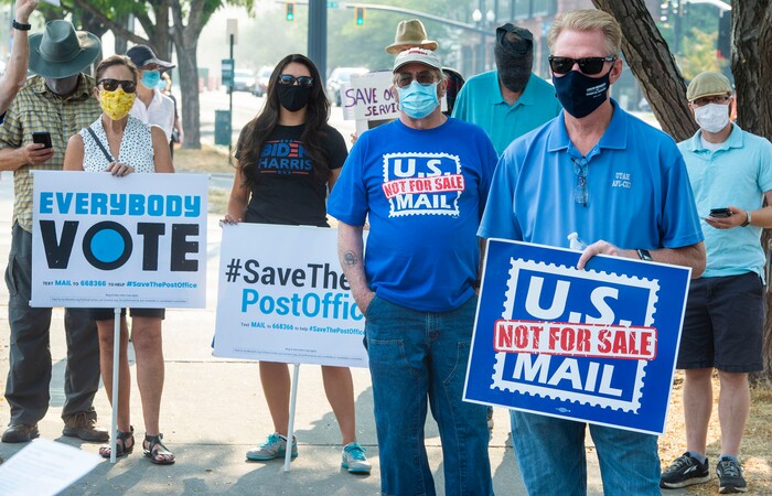 (Rick Egan  |  The Salt Lake Tribune)    Protesters gather for a rally to "Save the Post Office," hosted by Alliance for a Better Utah, NAACP Salt Lake Branch, League of Women Voters at the Post Office on 200 South in Salt Lake City, Saturday, Aug. 22, 2020.