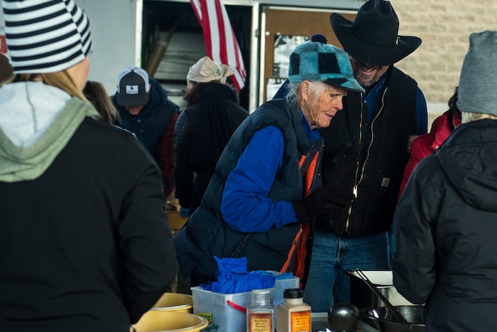 (Chris Detrick | The Salt Lake Tribune) Eagles Ranch Ministries founder Jennie Dudley and chaplain Eric Burson during the Eagle Ranch Chuckwagon under the viaduct at 500 South and 600 West in Salt Lake City Thursday, November 23, 2017.