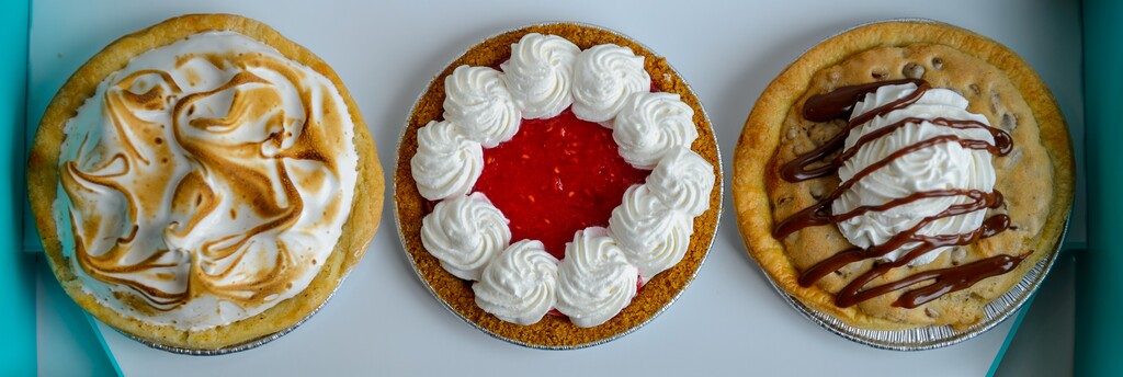 (Trent Nelson  |  The Salt Lake Tribune) Pies at Flake Pie Co. in South Jordan on Tuesday, March 9, 2021. From left, B-A-N-A-N-A-S, Raspberry Fields Forever, and Cookie Dough-Re-Mi.