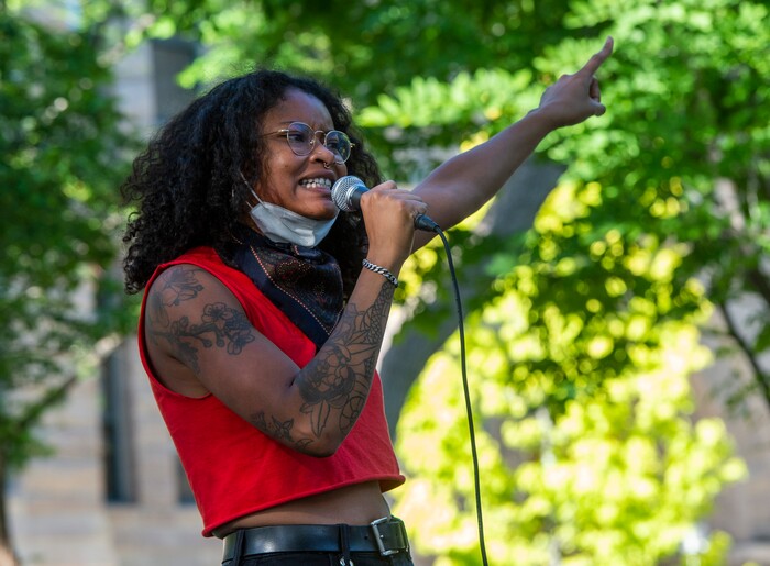 (Rick Egan  |  The Salt Lake Tribune)     Deja Gaston chants with the crowd during a peaceful demonstration organized by the Party for Socialism and Liberation, Monday, June 1, 2020.


