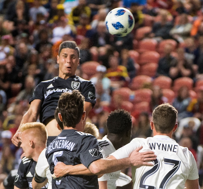 (Rick Egan  |  The Salt Lake Tribune) Real midfielder Damir Kreilach (6) gets his head on the ball on a corner kick, in MLS soccer action, between Real Salt Lake and Colorado Rapids,  at Rio Tinto Stadium, Saturday, April 21, 2018.


