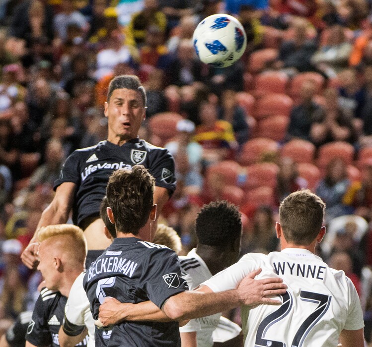 (Rick Egan  |  The Salt Lake Tribune) Real midfielder Damir Kreilach (6) gets his head on the ball on a corner kick, in MLS soccer action, between Real Salt Lake and Colorado Rapids,  at Rio Tinto Stadium, Saturday, April 21, 2018.