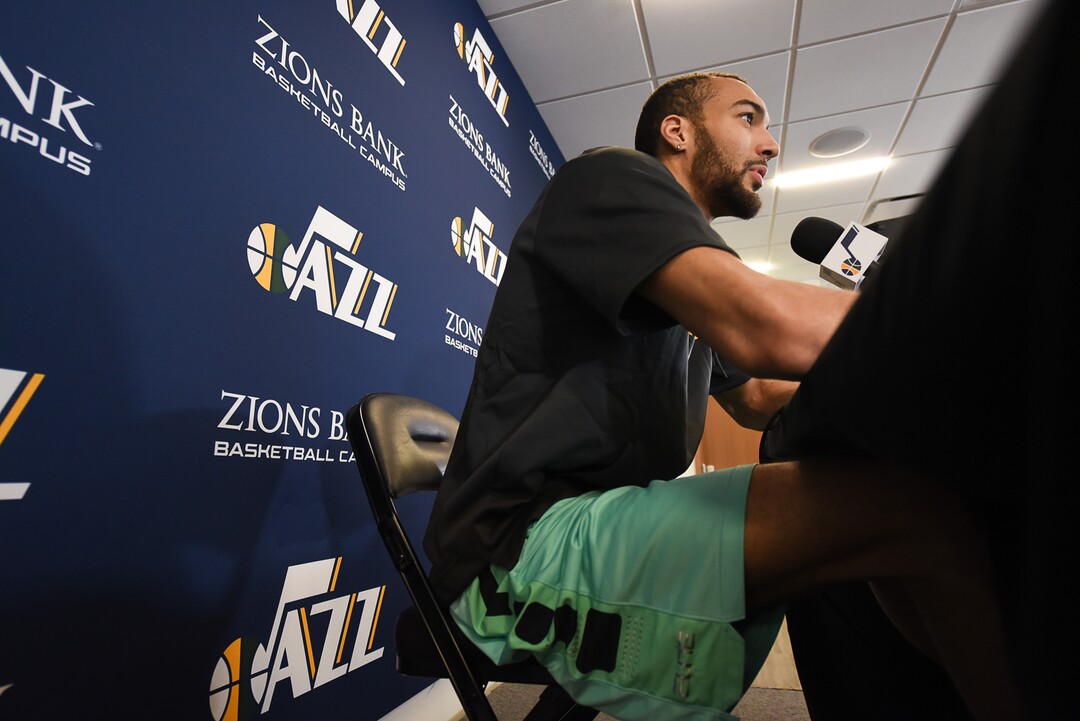 (Francisco Kjolseth  |  The Salt Lake Tribune)  Utah Jazz center Rudy Gobert speaks with the media during exit interviews at their practice facility in Salt Lake City Wed., May 8, 2018, after losing to the Houston Rockets in game 5 of their Western Conference Semifinals during the 2018 NBA Playoffs.