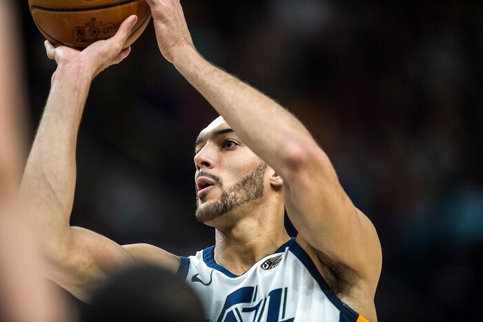 (Chris Detrick  |  The Salt Lake Tribune)  Utah Jazz center Rudy Gobert (27) shoots a free throw during the game at Vivint Smart Home Arena Friday, January 19, 2018.  