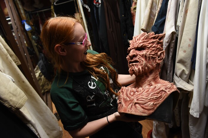 (Francisco Kjolseth  |  The Salt Lake Tribune)  Costumer Missy Moody pulls out some of her favorite costumes used at the Fear Factory in Salt Lake. Local politicians fell prey to the zombie apocalypse at the Fear Factory on Thursday, Oct. 12, 2017, for a special event to raise awareness of the Utah Food Bank and kick start donations. 