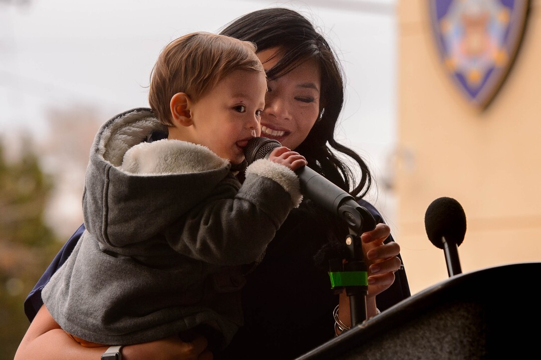 (Trent Nelson  |  The Salt Lake Tribune) Jackson and Elizabeth Romrell speak at the dedication ceremony of the David P. Romrell Public Safety Building on Sunday Nov. 24, 2019. The building is named after Officer Romrell (Elizabeth's husband, Jackson's father), who was killed in the line of duty on Nov. 24, 2018 - one year ago.
