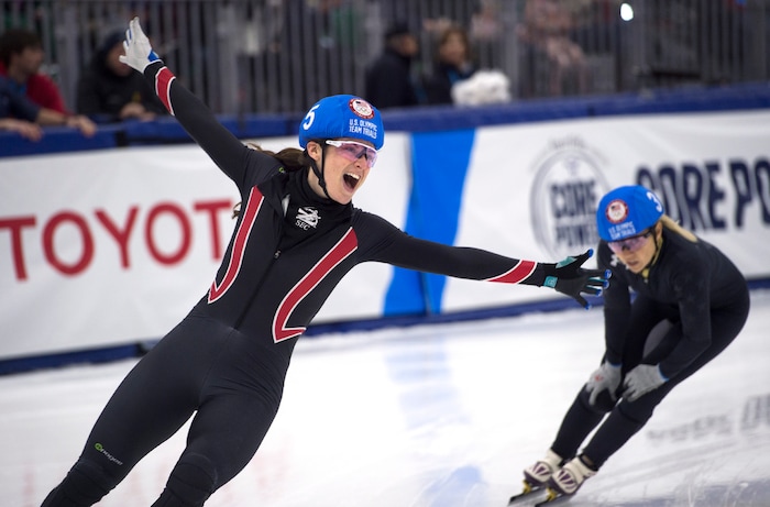 (Scott Sommerdorf   |  The Salt Lake Tribune)   
Katherine Reutter-Adamek celebrates after winning the Ladies 1000 Meters #1 Finals during day 3 of the U.S. short-track Olympic Team Trials at the Utah Olympic Oval, Sunday, December 17, 2017. Reutter-Adamek skated to a time of 1:30.566 in winning over three other opponents.
