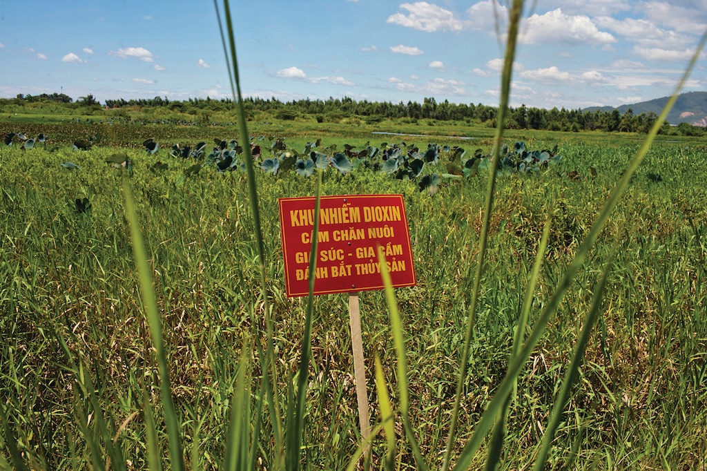 FILE- A warning sign stands in a field contaminated with dioxin near Danang airport, during a ceremony marking the start of a project to clean up dioxin left over from the Vietnam War, at a former U.S. military base in Danang, Vietnam, Aug. 9, 2012. The sign reads; "Dioxin contamination zone - livestock, poultry and fishery operations not permitted." (AP Photo/Maika Elan, File)