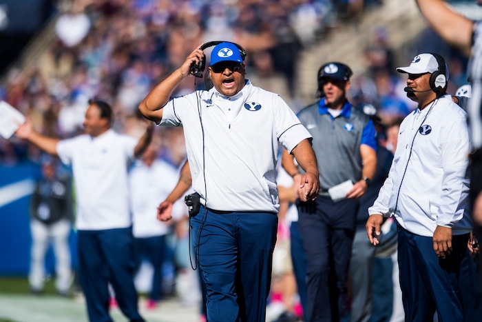 (Chris Detrick  |  The Salt Lake Tribune)  Brigham Young Cougars head coach Kalani Sitake argues a call during the game at LaVell Edwards Stadium Saturday, October 28, 2017.  