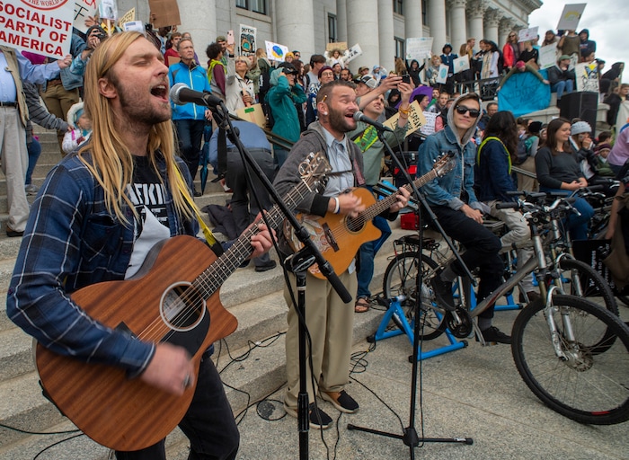 (Rick Egan  |  The Salt Lake Tribune)      Heathen Eden plays on the steps of the Utah State Capitol Building, demanding action on the climate crisis. Friday, Sept. 20, 2019.