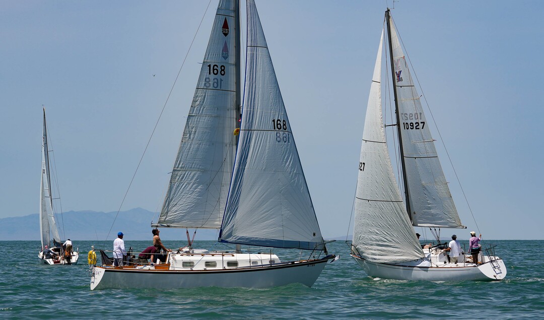 (Francisco Kjolseth  |  The Salt Lake Tribune) Sailfest regatta returns to the Great Salt Lake following a five-year hiatus due to low lake levels and the pandemic on Saturday, June 15, 2024. Hosted by the Great Salt Lake Yatch Club and Grow the Flow, the event seeks to get people out to the lake and raise awareness of and engagement with efforts to save it. 