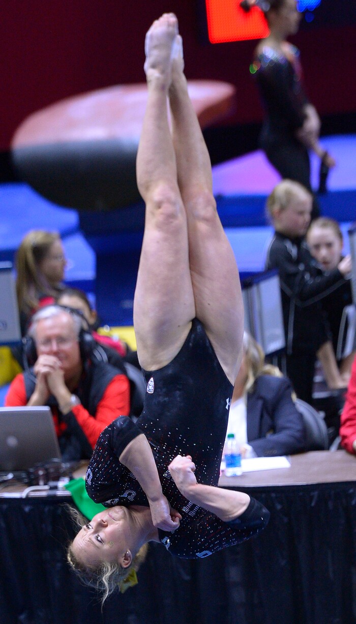 Leah Hogsten  |  The Salt Lake TribuneUtah's Maddy Stover on floor exercise with a score of 9.100.University of Utah No. 6 gymnasts defeated  No. 11 Oregon State 196.125 to 195.125 during their Pac-12 meet in Salt Lake City, January 23, 2016. 