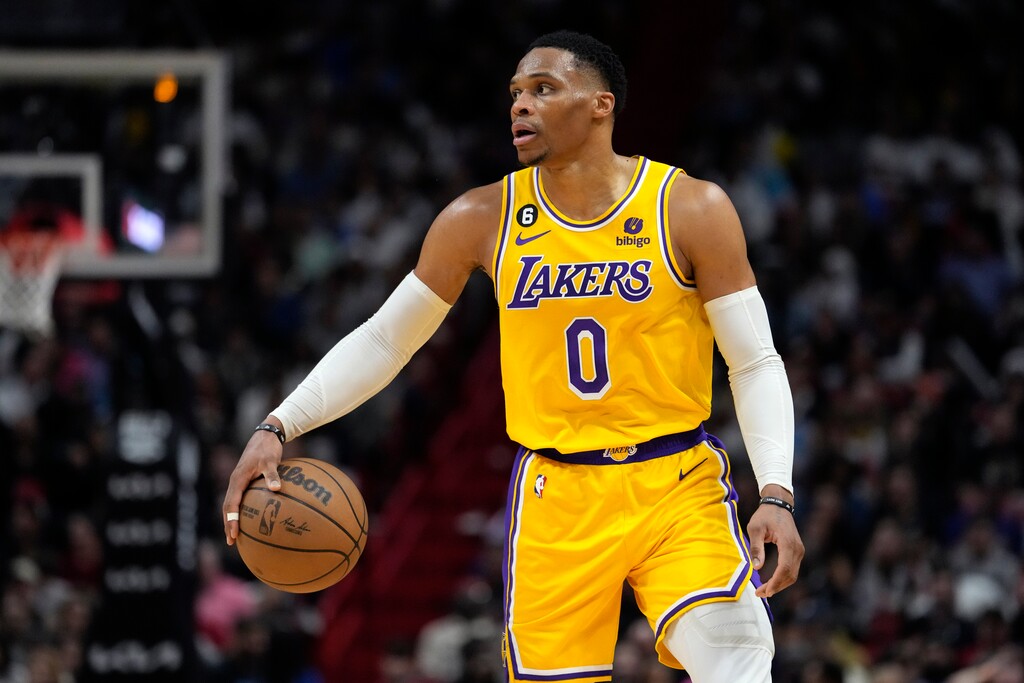 (Lynne Sladky | AP) Russell Westbrook (0) moves the ball down the court during the second half of an NBA basketball game against the Miami Heat, Wednesday, Dec. 28, 2022, in Miami.