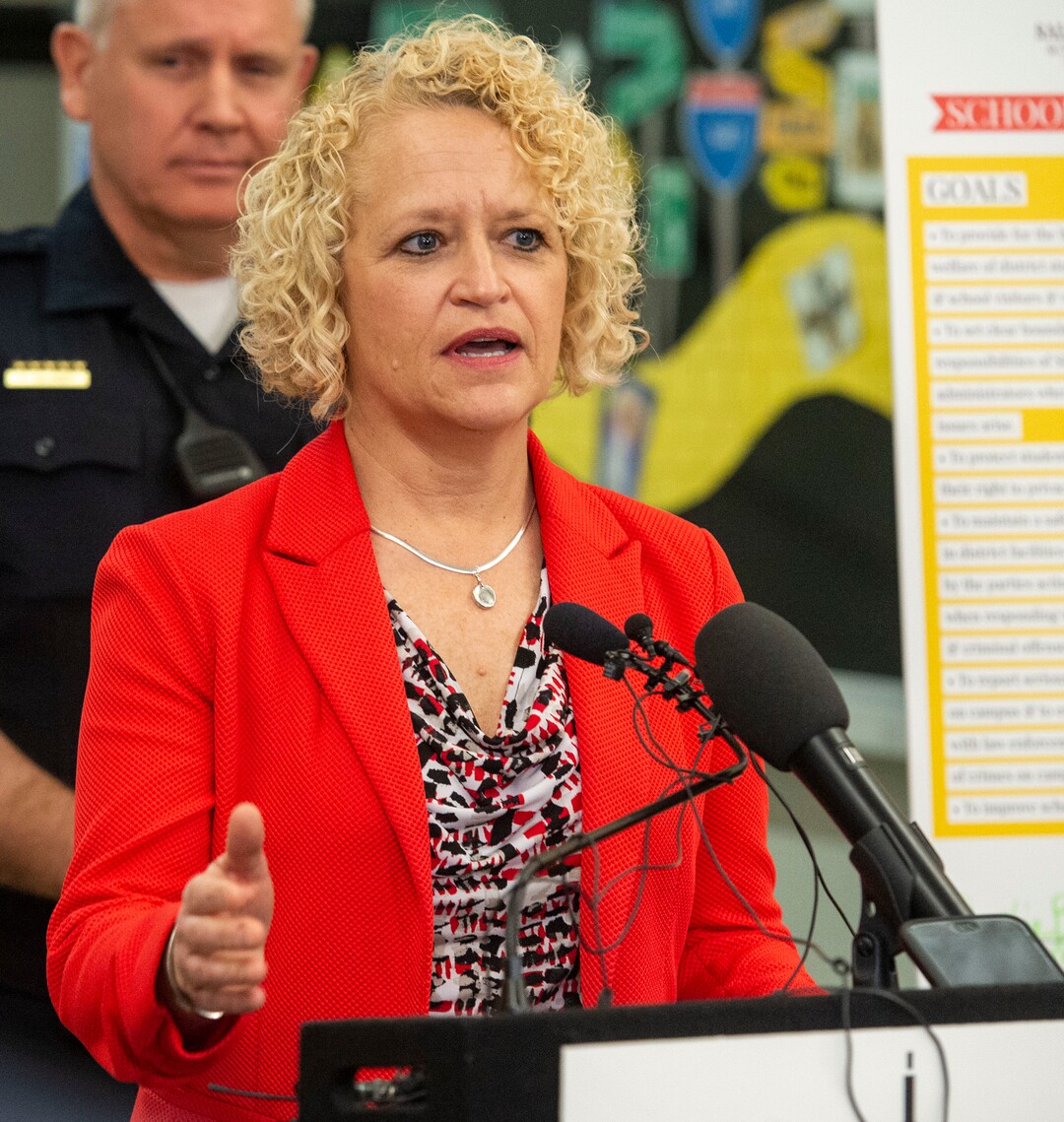 (Rick Egan  |  The Salt Lake Tribune)       Salt Lake City Mayor Jackie Biskupski announces a new school resource officer initiative at West High School, Tuesday, March 26, 2019.