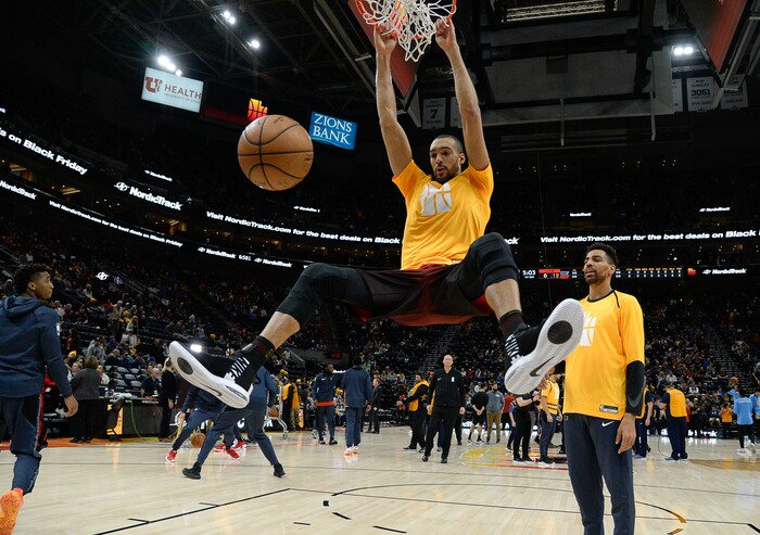 (Francisco Kjolseth  |  The Salt Lake Tribune)  Utah Jazz center Rudy Gobert (27) warms up before his game against the Sacramento Kings in the NBA game at Vivint Smart Home Arena Wed., Nov. 21, 2018, in Salt Lake City.