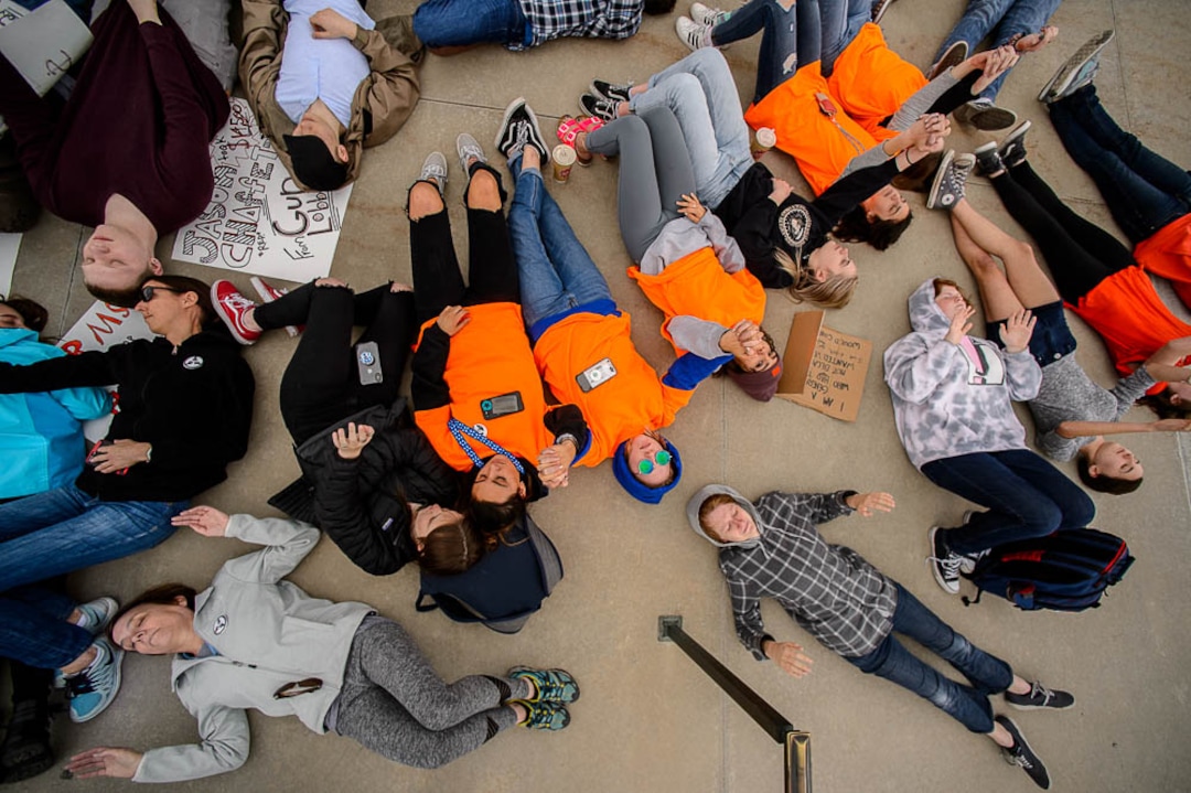 (Trent Nelson | The Salt Lake Tribune)  High school students staged a die-in at the Utah State Capitol in Salt Lake City to mark the anniversary of the Columbine High School massacre and call for action against gun violence, Friday April 20, 2018.