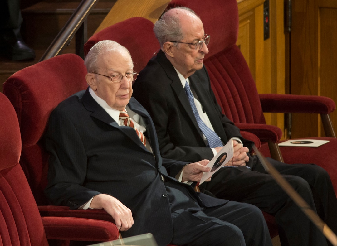 (Steve Griffin  |  The Salt Lake Tribune) Elder Richard G. Scott and Elder Robert D. Hales listen as speakers remember Elder L. Tom Perry during funeral services at the Mormon Tabernacle on Temple Square in Salt Lake City, Friday, June 5, 2015. 